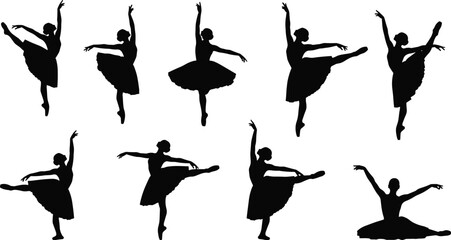 Black Silhouette Vector of Ballet Dancers in Classical Poses Including Pirouette, Arabesque, and Seated Movements on White Background © Clipart Galaxy