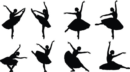 Black Silhouette Vector of Ballet Dancers in Elegant Classical Poses Including Pirouettes and Arabesques on White Background © Clipart Galaxy