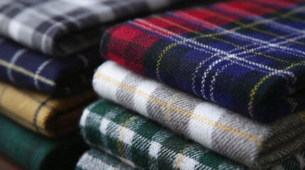 A stack of neatly folded plaid fabric, showcasing various color combinations and a cozy, textured appearance. Perfect for warm, stylish garments.