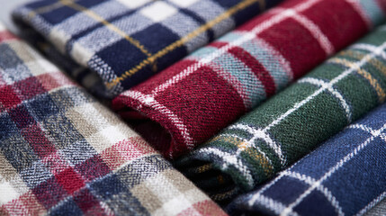 A vibrant array of folded plaid shirts, each showcasing a unique color scheme and classic pattern, perfect for a cozy, timeless fashion statement.