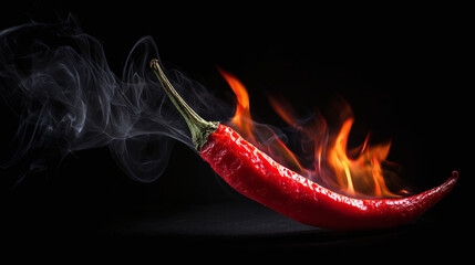 Fiery Flavor: A vibrant red chili pepper enveloped in flames and smoke, a symbol of intense heat and culinary spice on a black background.