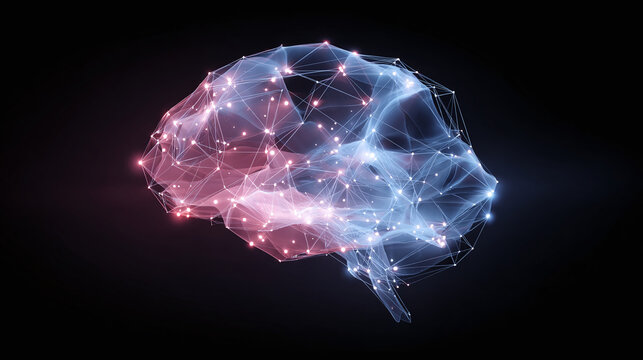 An ethereal digital brain glows on a black backdrop, showcasing the complexities of thought and artificial intelligence with vibrant neon lights.