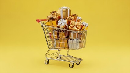Shopping cart filled with various food items on a yellow background