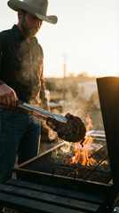 Fototapeta premium Cowboy ribeye steak searing over open flame grill at golden hour