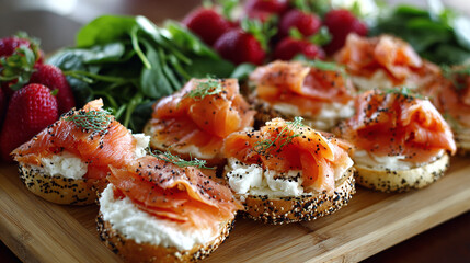 Elegant appetizers, bagel bites with cream cheese and smoked salmon served with spinach and strawberries on a wooden board.