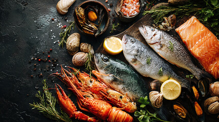 An assortment of fresh seafood, including fish, lobster, and shellfish, artfully arranged on a rustic dark surface for a culinary showcase.