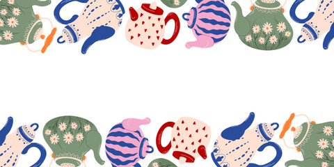 Border pattern with flat style kettle. Decorative illustration on white background for wrapping, textile, wallpaper, kitchen decor and cozy design.