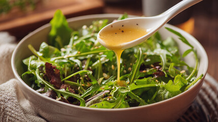Dressing a fresh salad with a flavorful vinaigrette in a warm, cozy setting. Healthy eating is presented with vibrant greens and tasty dressing.