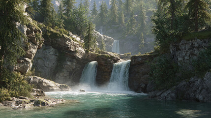 Cascading waterfalls flow into a serene river surrounded by lush trees and rocky cliffs. Tranquil nature scene, misty spray and sunlight.