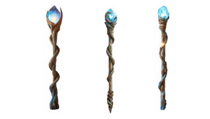 Three ornate fantasy magical staffs with glowing blue crystals displayed in a row on transparent background