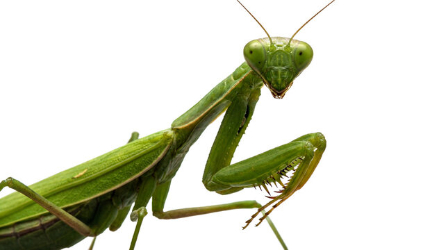 A close-up of a green praying mantis on transparent background