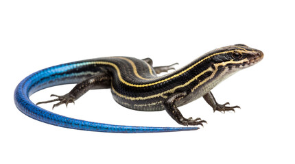 Obraz premium A colorful lizard with yellow stripes and a blue tail on transparent background