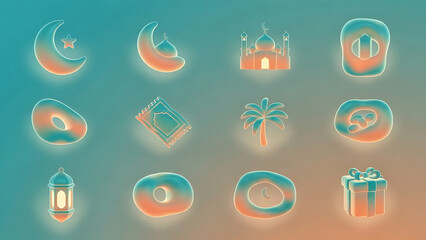 Collection of Islamic and Ramadan themed digital icons with a festive glow and gradient colors