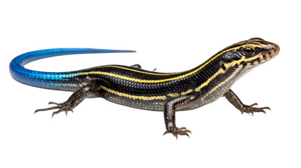 Fototapeta premium A colorful lizard with yellow stripes and a blue tail on transparent background