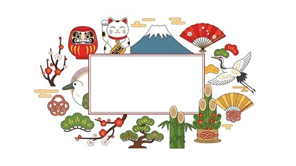 Assortment of Japanese New Year icons encircling a blank rectangle