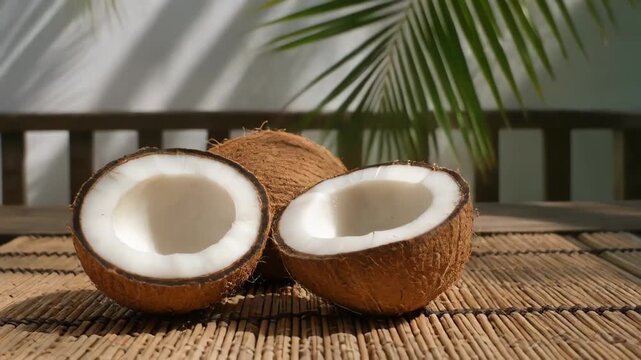 Halved Coconuts on Woven Mat Under Palm Leaves in Bright Sunlight