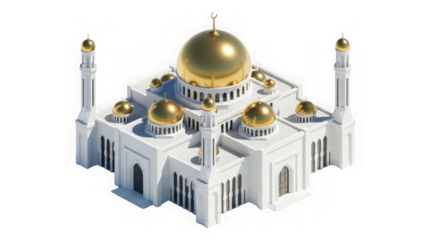 White Mosque With Golden Domes And Minarets Isometric 3d Render