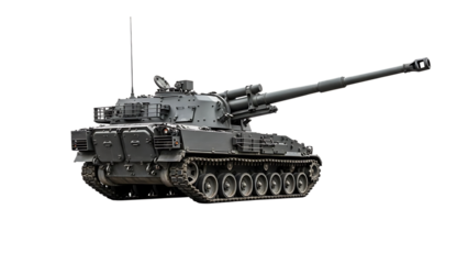 Gray military tank with long gun barrel isolated on a transparent background armored vehicle
