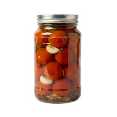canned red tomatoes in a glass transparent jar isolated on transparent background