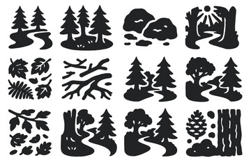 Forest Path Icons. Solid style icons of Forest Path Discovery: winding forest path, tall trees, moss-covered stones, dappled