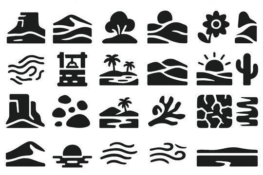 Desert Landscape Icons. Solid style icons of Desert Landscape: rocky plateau, sand valley, sparse bush, wind dune, desert flower,