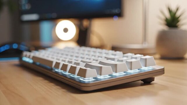 Mechanical Keyboard in Workspace: The image focuses on a sleek, high-end mechanical keyboard on a wooden desk, evoking a sense of modern productivity and tech-savvy design.