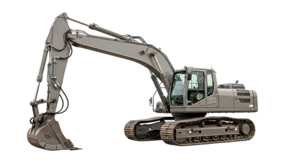 Gray excavator with long arm and tracks isolated on a transparent background construction machine heavy equipment