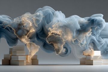 Global digital network with glowing connections on wooden blocks