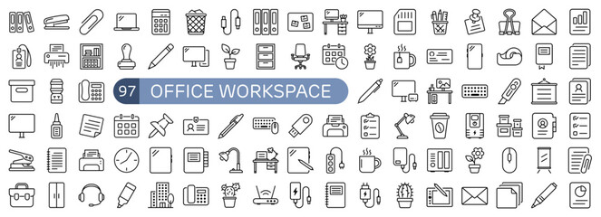 Office Workspace Essentials Icon Set Outline Style