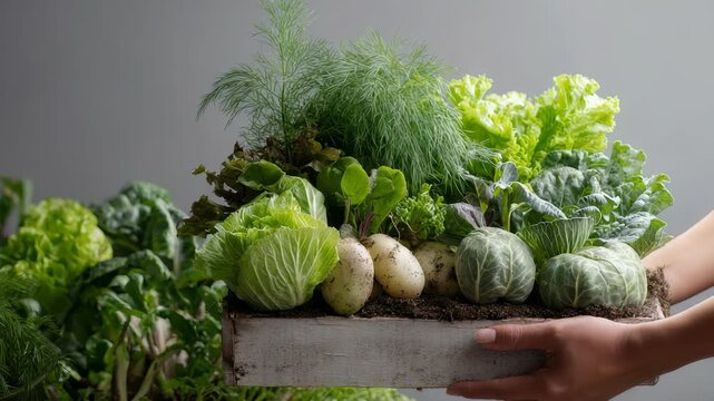 A close up of assorted organic vegetables such as lettuce, potatoes, cabbage, and dill displayed in a wooden crate. The image emphasizes freshness, sustainability, and healthy eating trends