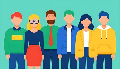 Diverse group of people standing together in a colorful flat illustration style