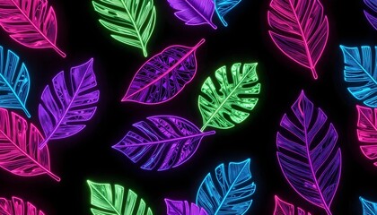 Vibrant neon tropical leaves pattern on a dark background, abstract design