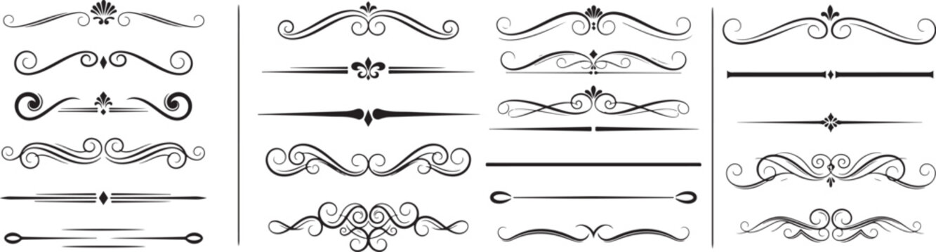 Decorative divider collection in vintage style. Elegant text separators, page borders and simple vector flourishes with ornamental swirls and rule lines eps