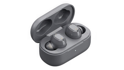 Modern Grey Wireless Earbuds In Open Charging Case