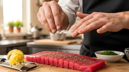 Chef expertly seasoning fresh, sushi-grade, ruby red tuna steak slices with cracked black peppercorns while preparing bright lemon zest for an exquisite gourmet seafood dish.