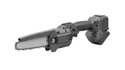 Electric chainsaw with gray handle and silver chain isolated on a transparent background power tool cutting tool