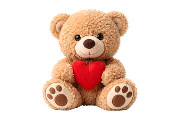 Obraz premium Cute teddy bear holding red heart on transparent background. Valentine’s Day gift. Love and romance concept.