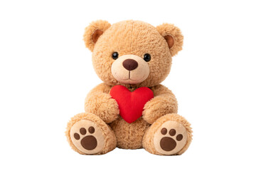 Obraz premium Soft teddy bear with heart symbol on transparent background. Romantic present. Valentine’s Day theme.