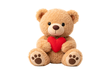 Soft teddy bear with heart symbol on transparent background. Romantic present. Valentine’s Day theme.