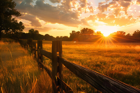 Dreamy pastoral sunset over rolling golden fields with rustic fence