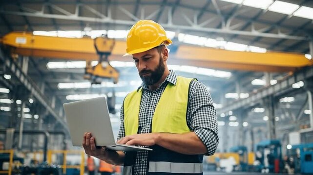 Professional Male Construction Worker in Safety Gear Using Laptop in Industrial Environment