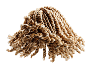 Blonde Curly Hair Extensions IsolatedA detailed close-up of blonde hair extensions styled in tight curls, isolated against a grey background. Ideal for beauty, fashion, and hairstyle themes.hair