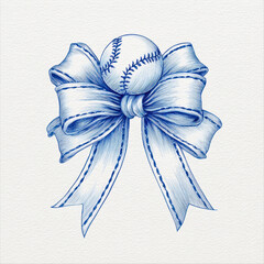 Blue ink illustration of a baseball ball with a decorative ribbon bow, vintage sketch style clipart isolated on white paper texture.