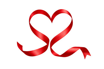 Red ribbon forming heart shape on transparent background. Valentine&rsquo;s Day decoration. Love symbol.