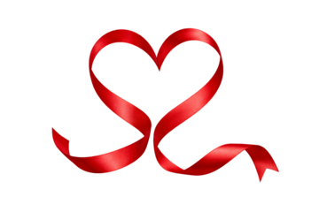 Red ribbon forming heart shape on transparent background. Valentine’s Day decoration. Love symbol.