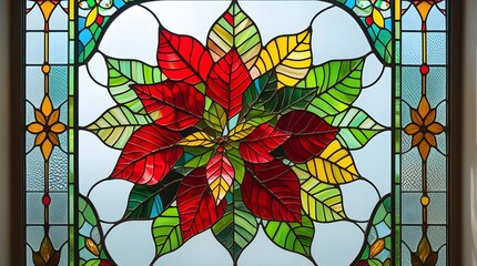 Vibrant Geometric and Floral Poinsettia Stained Glass Window