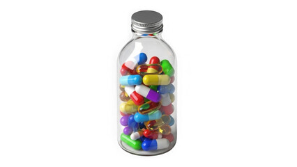 Colorful Medicine Capsules In Glass Bottle On Black Background