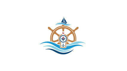 Intricate nautical emblem featuring a ship's wheel, compass, anchor, and stylized waves, representing maritime exploration, adventure, and guidance.