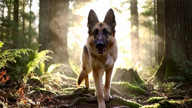 A magnificent German Shepherd dog with gleaming brown and black fur walks gracefully through misty ancient forest with golden hour light shafts. Serene cinematic nature concept