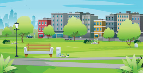 Pedestrian benches in an urban park surrounded by buildings and parking lots.